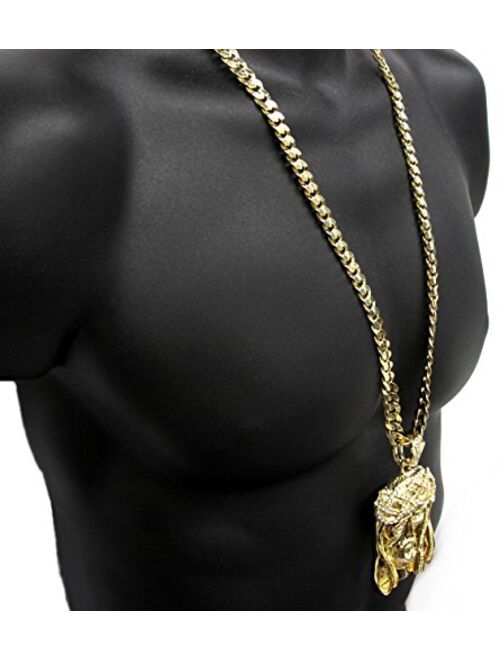 L & L Nation Mens Gold Tone Large Crowned Jesus Pendant with 30" 10mm Cuban Chain Necklace