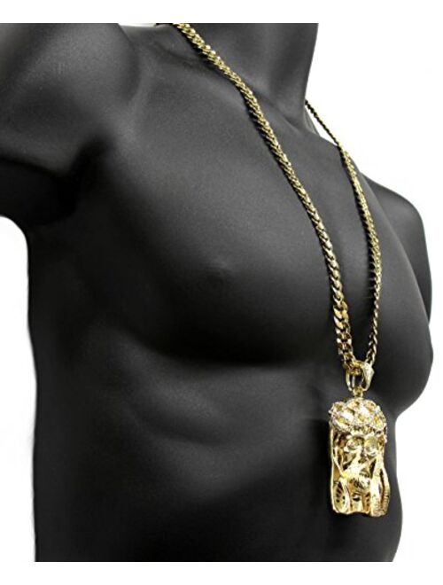 L & L Nation Mens Gold Tone Large Crowned Jesus Pendant with 30" 10mm Cuban Chain Necklace