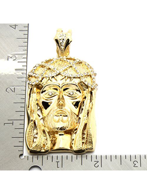L & L Nation Mens Gold Tone Large Crowned Jesus Pendant with 30" 10mm Cuban Chain Necklace