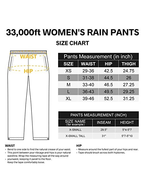 33,000ft Women's Rain Pants, Lightweight Waterproof Rain Over Pants, Windproof Hiking Pants for Outdoor, Fishing, Rainy Day