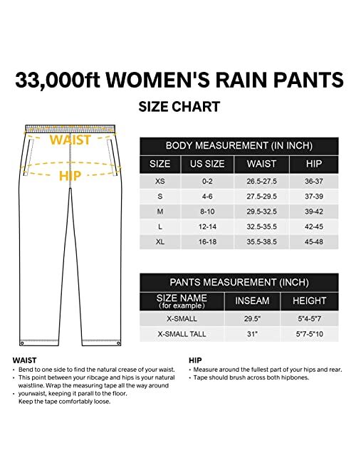 33,000ft Women's Rain Pants, Lightweight Waterproof Rain Over Pants, Windproof Hiking Pants for Outdoor, Fishing, Rainy Day