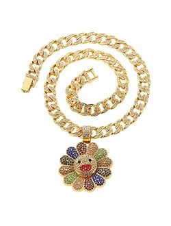 Feimeng Jewelry Rotatable Sunflower Pendant Cuban Chain Necklaces, Hip Hop 18K Gold Plated Sunflower Tag Charm Iced Out Crystal Necklaces for Women Men