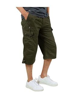 FASKUNOIE Men's 3/4 Capri Cargo Pants Below Knee Cotton Cropped 15" Inseam Hiking Short Pants with 7 Pockets