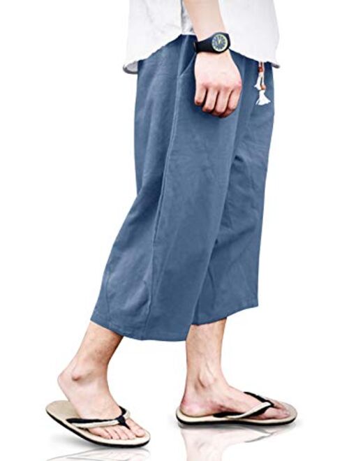 TOTNMC Men's Baggy Linen Capri Pants Casual Yoga Patchowork Beach Pants with Drawstring
