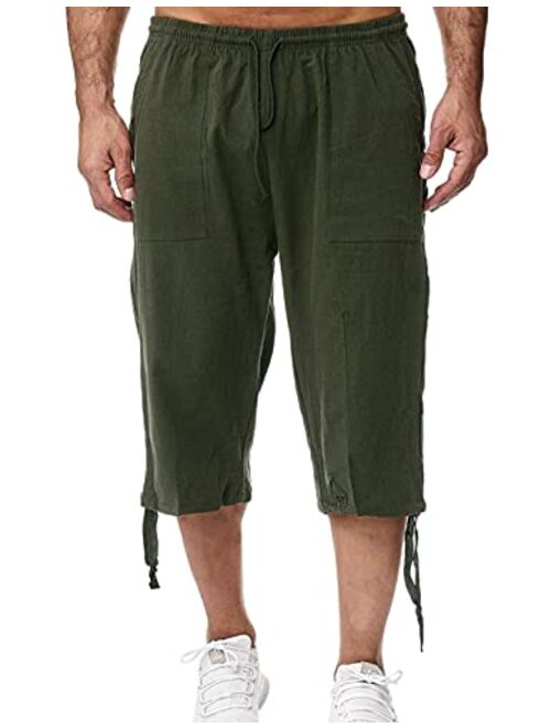 HangNiFang Men's Long Linen Shorts Below Knee Pocketed 3/4 Summer Drawstring Capri Pant