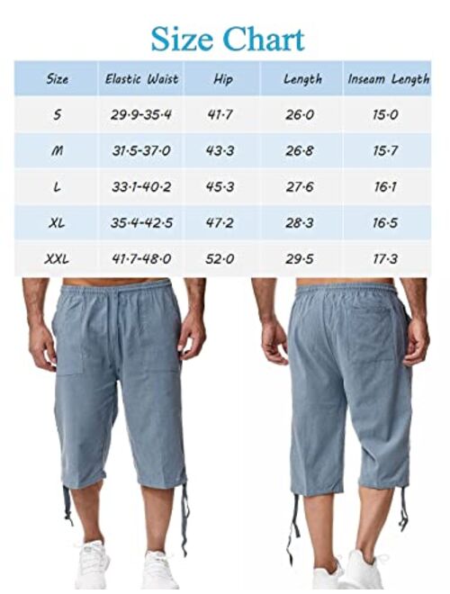 HangNiFang Men's Long Linen Shorts Below Knee Pocketed 3/4 Summer Drawstring Capri Pant