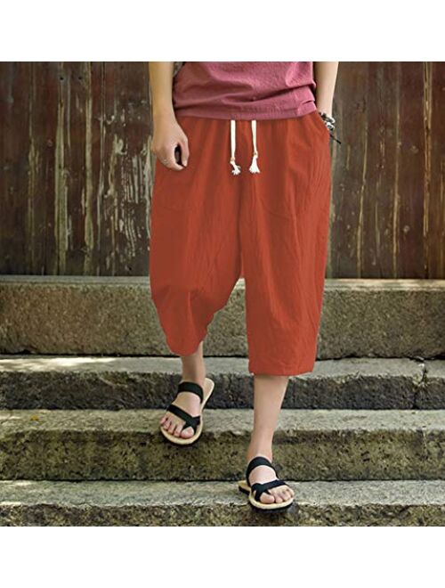 Wohthops Men's Casual Pants Breathable Summer Beach Shorts Linen Cotton 3/4 Pants with Pockets
