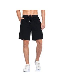 Vocanbomor Men's Casual Flat Front Short with Elastic Waist and Zipper Pockets