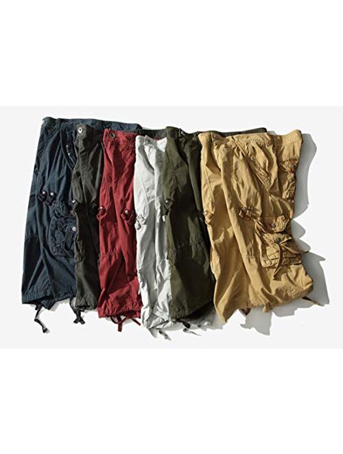 ONLYWOOD Men's Washed Cotton Multi-Pockets Below Knee Long Military Cargo Shorts