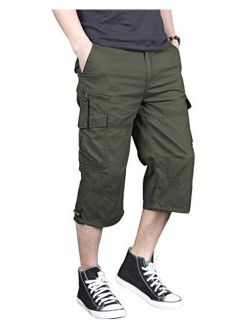 LABEYZON Men's 3/4 Long Capri Shorts Casual Elastic Waist Below Knee Twill Cotton Relaxed Fit Cargo Shorts with Multi-Pockets