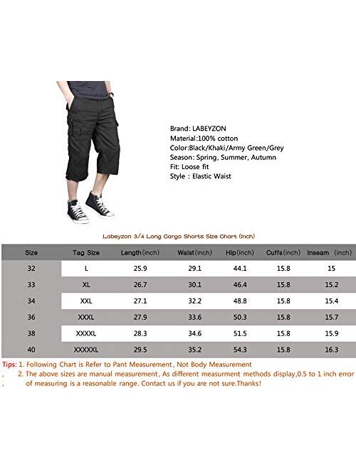 LABEYZON Men's 3/4 Long Capri Shorts Casual Elastic Waist Below Knee Twill Cotton Relaxed Fit Cargo Shorts with Multi-Pockets
