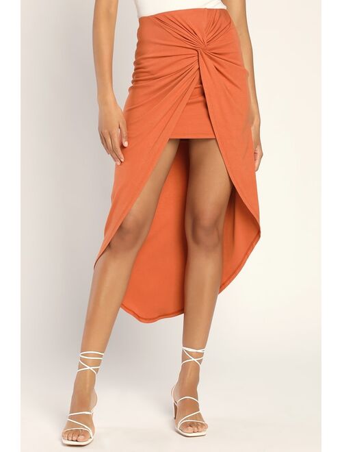 Lulus Put a Spin On It Rust Orange Twist-Front High-Low Midi Skirt