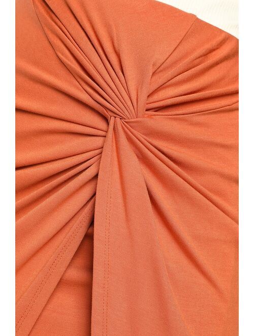Lulus Put a Spin On It Rust Orange Twist-Front High-Low Midi Skirt