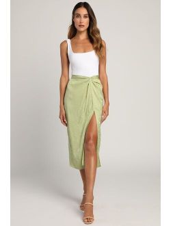 Chic Find Sage Green Satin Jacquard Knot Front Midi Skirt