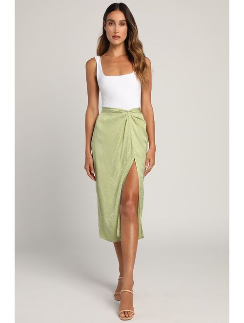 Lulus Chic Find Sage Green Satin Jacquard Knot Front Midi Skirt