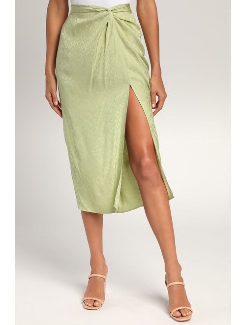 Lulus Chic Find Sage Green Satin Jacquard Knot Front Midi Skirt