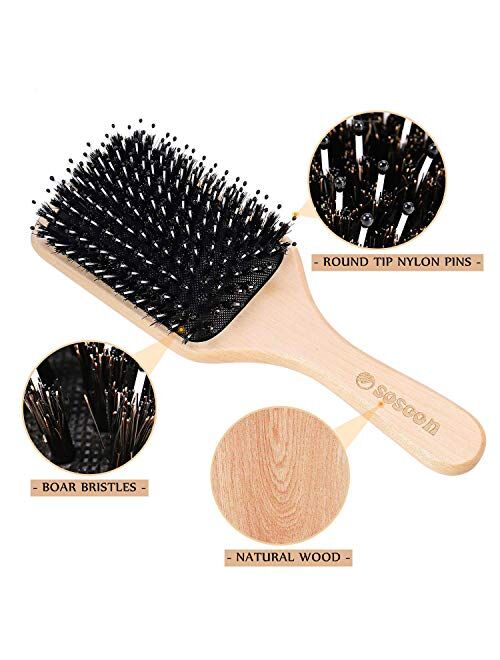Sosoon Hair Brush, 2 Pack Boar Bristle Paddle Hairbrush for Women Men Kids Reducing Frizzy, No More Tangle, Small Travel Brush Tail Comb & Giftbox Included