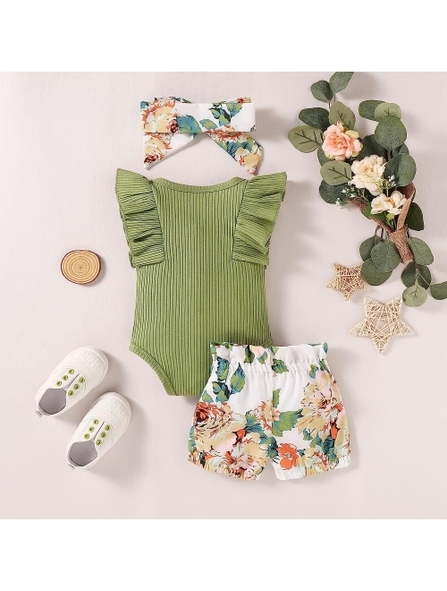 Hundofam Baby Girl Clothes Infant Summer Outfits Set Ruffle Sleeve Romper Floral Pants 3PCS Bodysuit +Shorts +Headband
