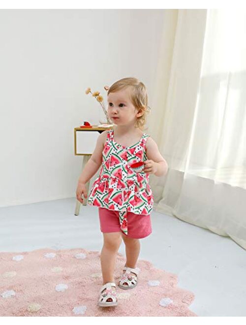 Kucnuzki Toddler Baby Girl Clothes Summer Outfits Ruffle Sleeveless Linen Shirt Kid Short Set for Girl