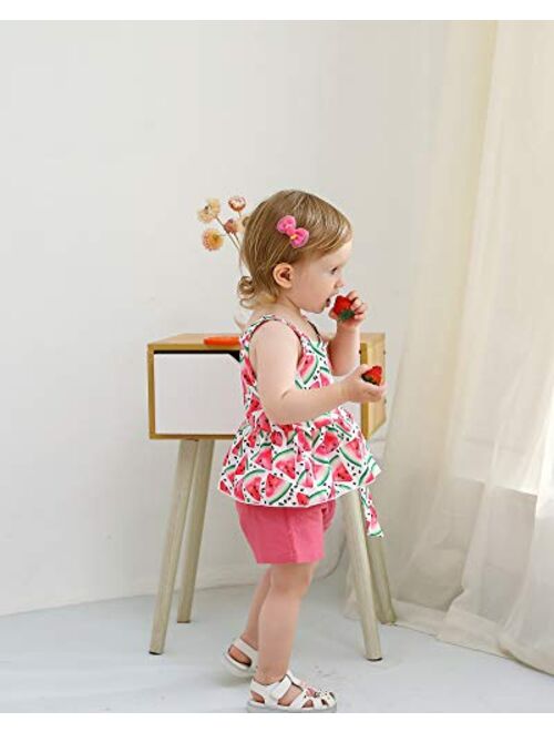 Kucnuzki Toddler Baby Girl Clothes Summer Outfits Ruffle Sleeveless Linen Shirt Kid Short Set for Girl