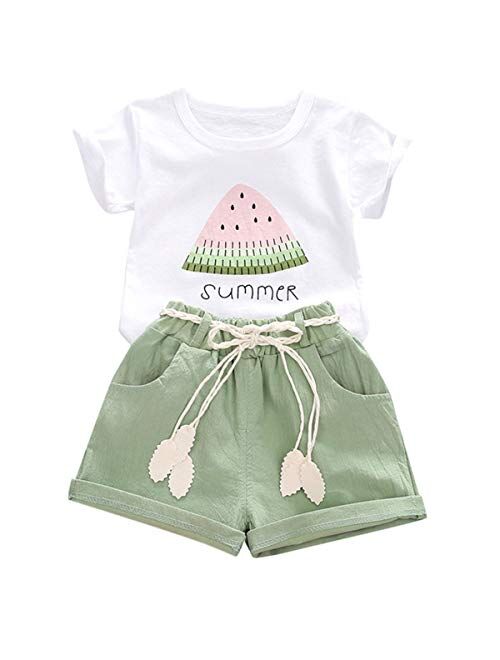 YOUNGER TREE Toddler Baby Girls Clothes Watermelon T-shirt + Linen Shorts with Belt Cute Summer Short Set