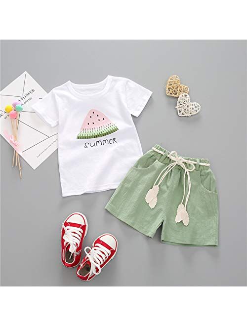 YOUNGER TREE Toddler Baby Girls Clothes Watermelon T-shirt + Linen Shorts with Belt Cute Summer Short Set