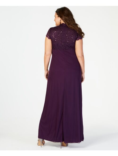 B&A by Betsy & Adam Plus Size Sequined-Lace Ruched Gown