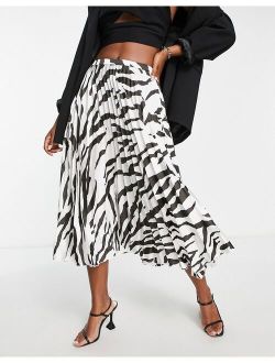 satin plisse pleated midi skirt in mono zebra print