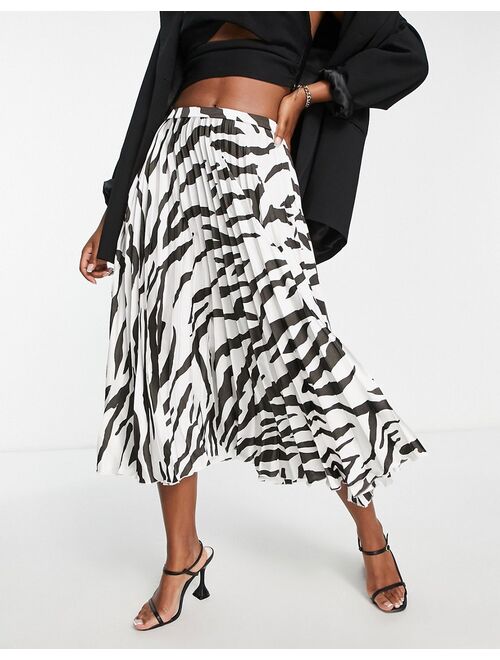 ASOS DESIGN satin plisse pleated midi skirt in mono zebra print
