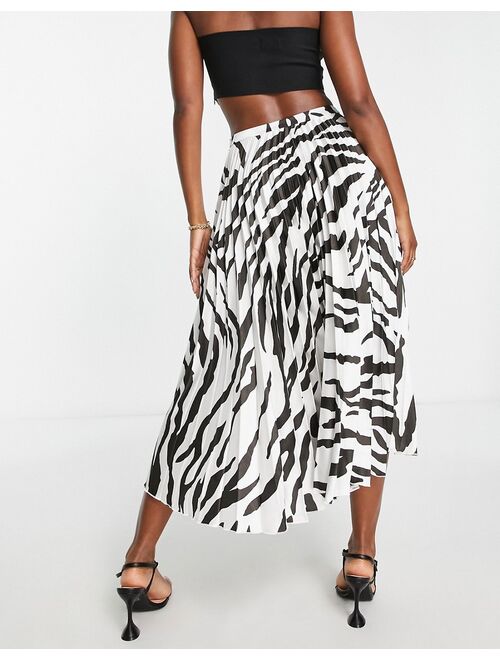 ASOS DESIGN satin plisse pleated midi skirt in mono zebra print