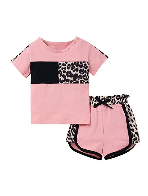 Masbekte Toddler Girl Summer Outfits Short Sleeve T-Shirt + Shorts Set Leopard Printed Cute Baby Girl Clothes Sport Tracksuit 18M-6T