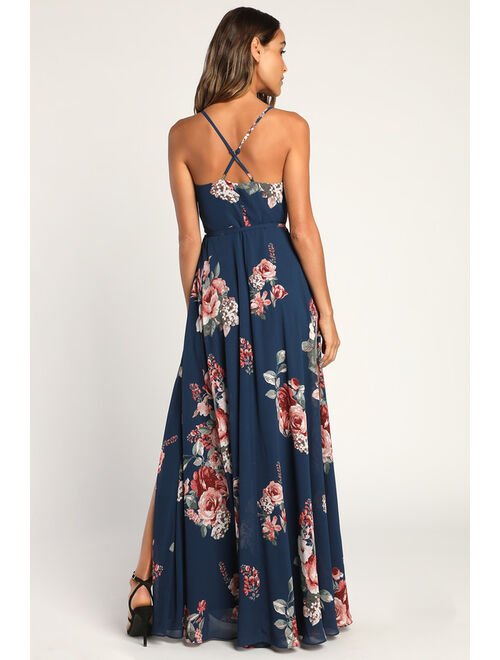 Lulus Elegantly Inclined Navy Blue Floral Print Wrap Maxi Dress