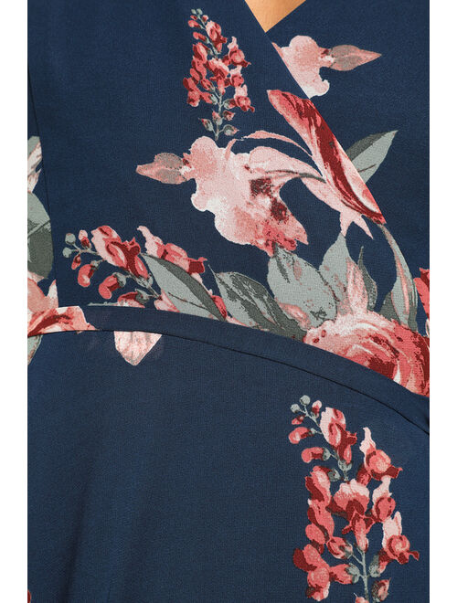 Lulus Elegantly Inclined Navy Blue Floral Print Wrap Maxi Dress