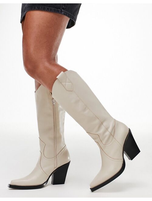 ASOS DESIGN Camouflage premium leather western knee boots in cream