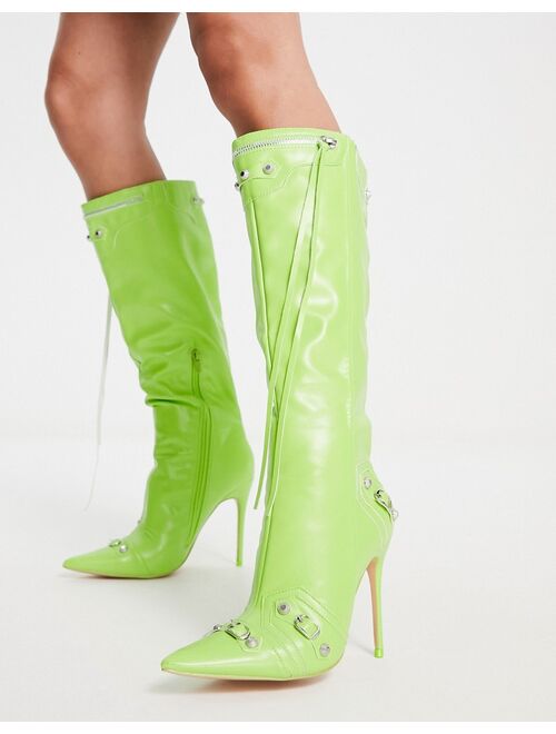 Public Desire Cardi knee high stiletto boot in lime
