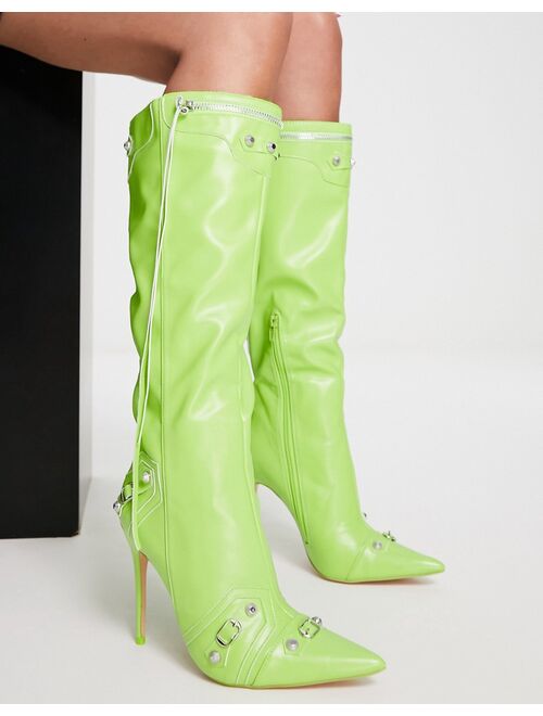 Public Desire Cardi knee high stiletto boot in lime