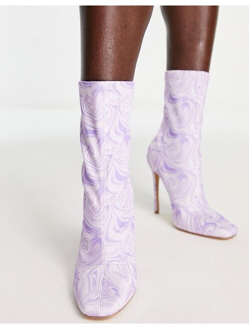 Public Desire Lars high heeled sock boots in purple swirl print