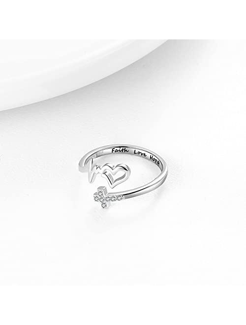 Ejalen S925-Sterling-Silver Faith Hope Love Ring - Cross Rings for Women Adjustable Inspirational Faith Over Fear Ring Jewelry Jesus Christian Gifts for Women Teens Sizes