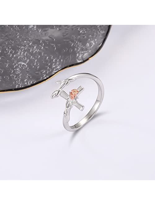 Apotie 925 Silver Rose Cross Ring for Women - Christian Purity Rings Pray Through It Cross Jesus Jewelry for Girls