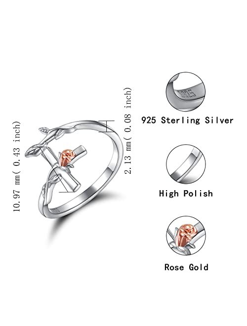 Apotie 925 Silver Rose Cross Ring for Women - Christian Purity Rings Pray Through It Cross Jesus Jewelry for Girls