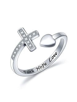 Yearace Cross Rings 925 Sterling Silver CZ Adjustable Faith Hope Love Cross Open Ring for Women Men Sideways Cross Christian Religious Stackable Ring