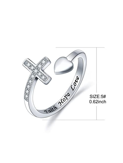 Yearace Cross Rings 925 Sterling Silver CZ Adjustable Faith Hope Love Cross Open Ring for Women Men Sideways Cross Christian Religious Stackable Ring