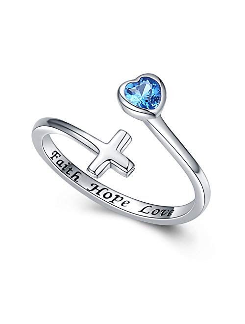 Manbu Faith Hope Love Ring for Women - 925 Sterling Silver Cross Adjustable Wrap Ring Inspirational Jewelry Gift for Girlfriend Teen Ladies