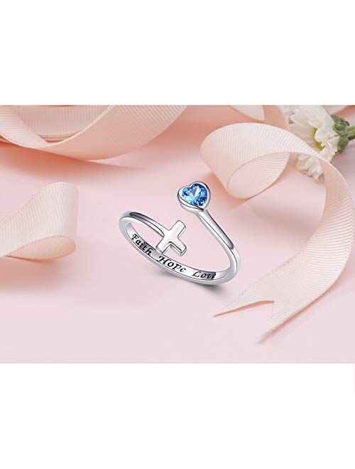 Manbu Faith Hope Love Ring for Women - 925 Sterling Silver Cross Adjustable Wrap Ring Inspirational Jewelry Gift for Girlfriend Teen Ladies