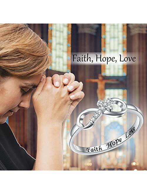 Daochong Inspirational Jewelry 925 Sterling Silver Engraved Faith Hope Love CZ Cross Infinity Ring for Women Girl Easter Gift