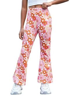 Girl's Floral Print Elastic Waist Flare Bell Bottom Pants Stretchy Long Pants
