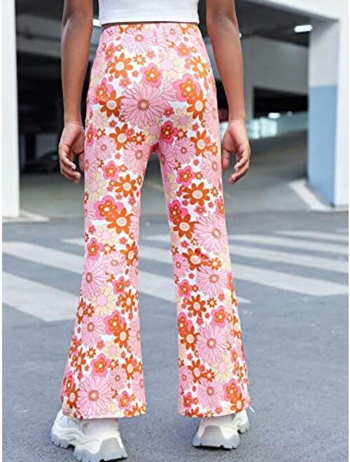 WDIRARA Girl's Floral Print Elastic Waist Flare Bell Bottom Pants Stretchy Long Pants