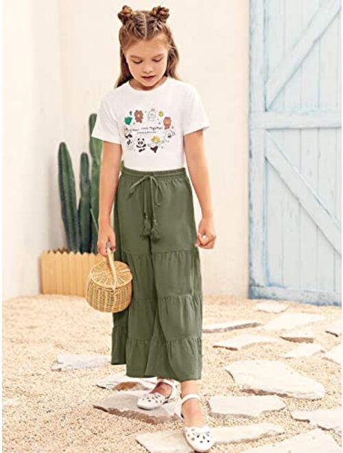 GAMISOTE Girls Wide Leg Pants High Waisted Drawstring Cotton Ruffle Flare Trouser