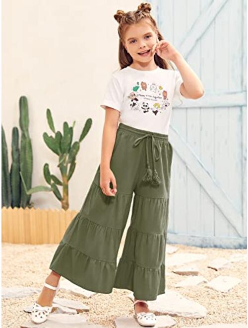GAMISOTE Girls Wide Leg Pants High Waisted Drawstring Cotton Ruffle Flare Trouser