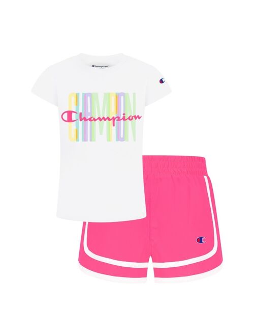 Champion Little Girls Graphic Short Sleeve T-shirt and Woven Shorts Set, 2 Piece
